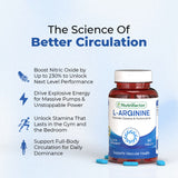 Nutrifactor L-Arginine supplement bottle with text about circulation benefits on a light blue background