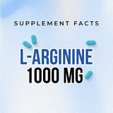 Supplement facts for L-Arginine 1000 MG on a light blue background with blue capsules.