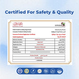Certification for safety and quality on a blue background with text and logos.