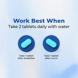 Instructional graphic for taking two tablets daily with water, showing two blue pills on a gradient blue background.