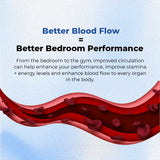Illustration of blood vessels with text about better blood flow and bedroom performance.