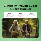 Two elderly people riding bicycles with a green background and text about a clinically proven sugar and carb blocker.