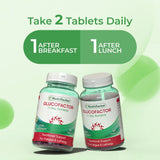 Two bottles of Nutrifactor Glucofactor on a light green background with text about daily tablet intake.