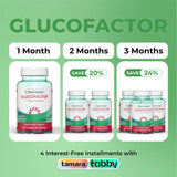 Glucofactor supplement bottles with promotional text on a green background