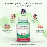 Nutrifactor Glucofactor supplement bottle with health symptoms on a white background