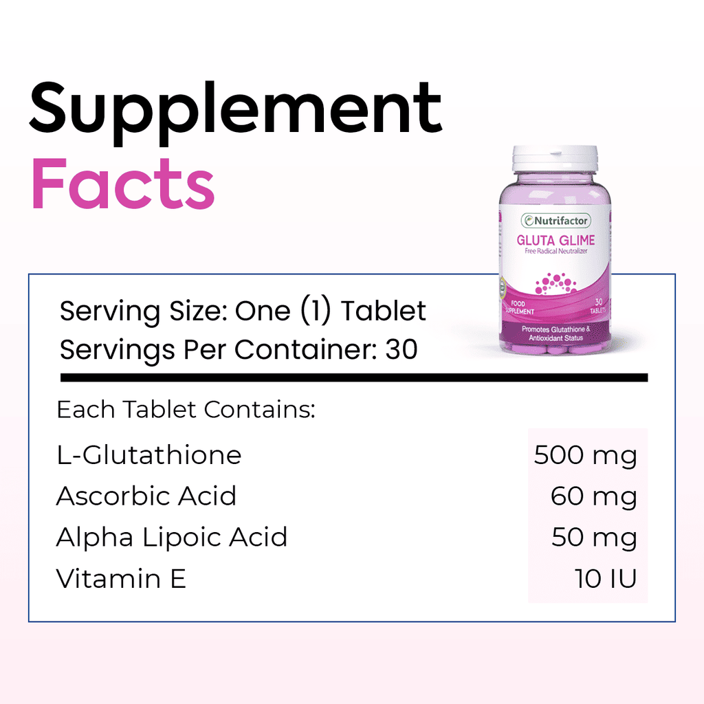 Gluta Glime - Advanced L-Glutathione, Vitamin C, E and ALA Supplement Nutrifactor Gulf Gluta Glime - Advanced L-Glutathione, Vitamin C, E and ALA Supplement Nutrifactor Gulf
